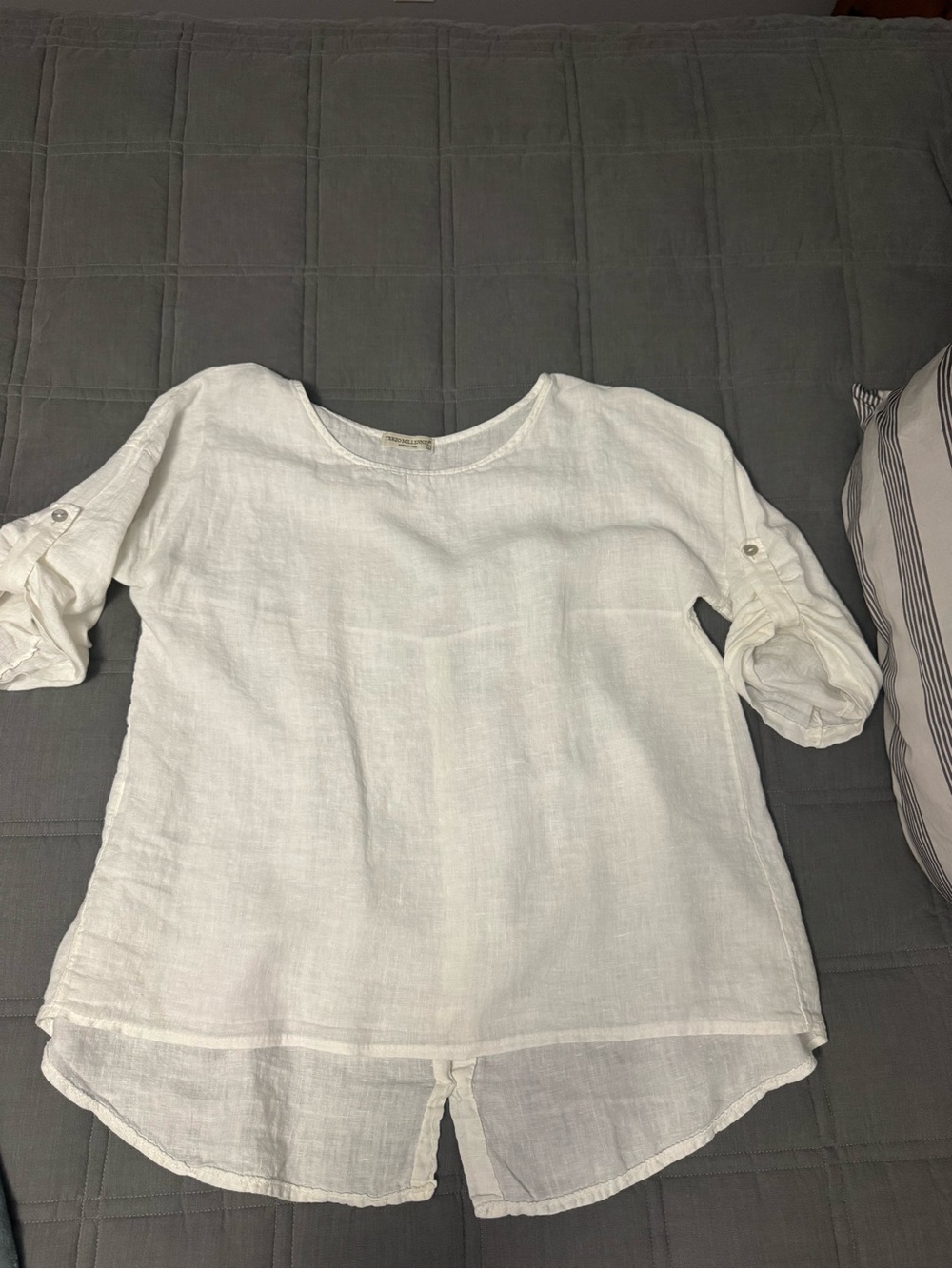 Classic White Linen Roll-Sleeve Tunic Top
